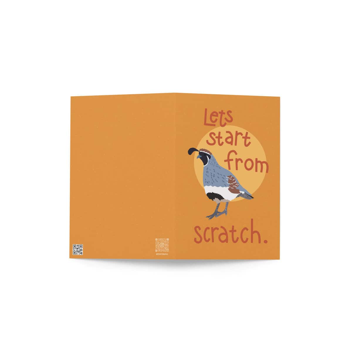 Bird illustration with the phrase "Let's start from scratch" on an orange background, emphasizing cr.