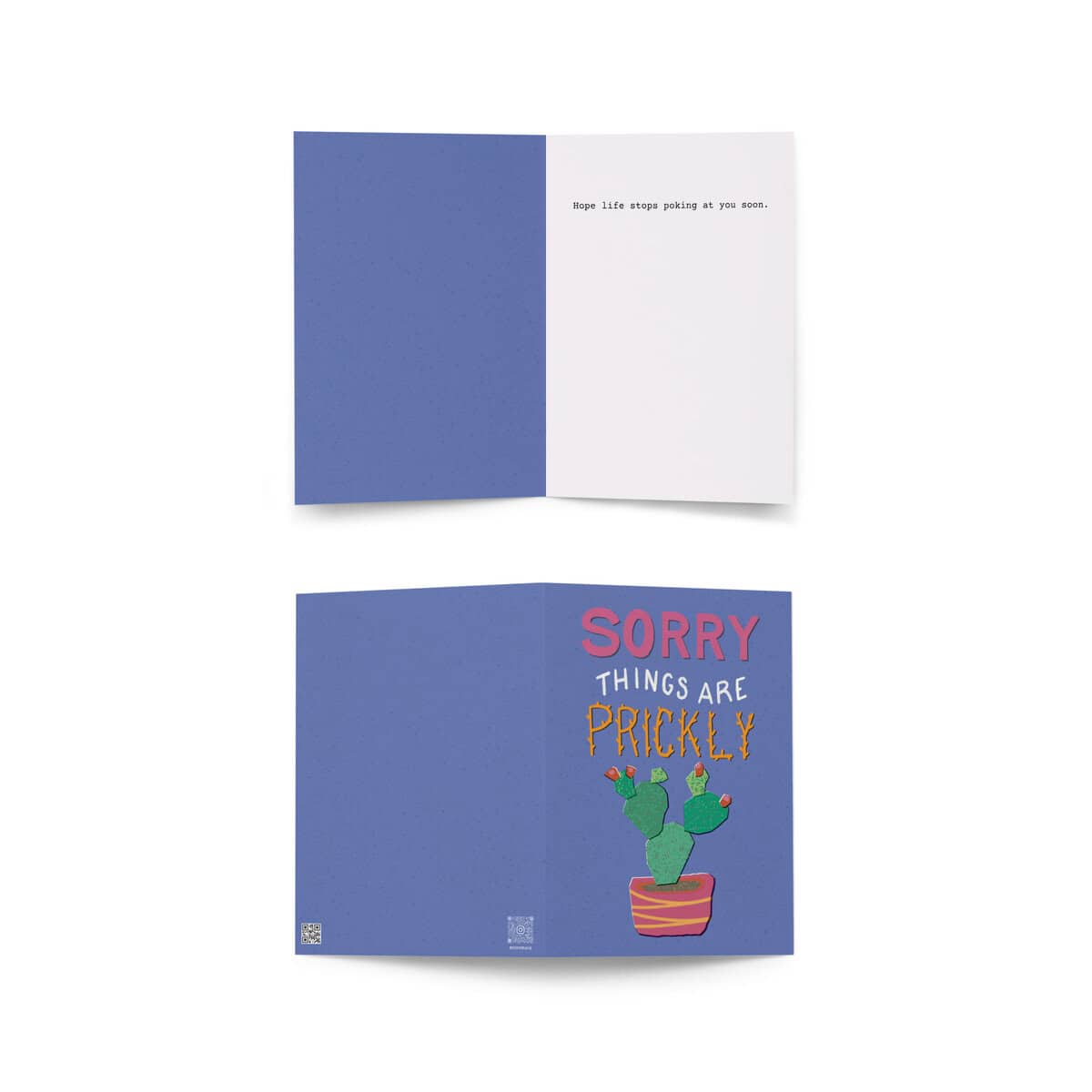 A colorful greeting card with a cactus illustration and playful text, "Sorry, things are prickly.".