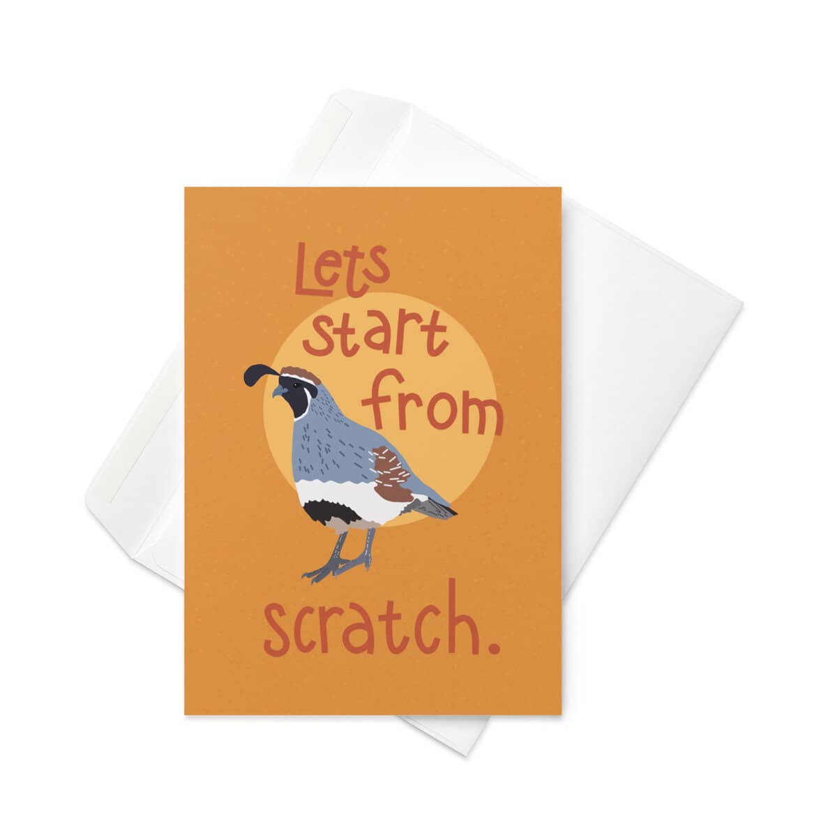 Bird illustration with motivational message "Let's start from scratch" on orange background, modern.