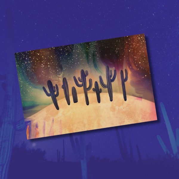 hand drawn trippy saguaro universe arizona postcard