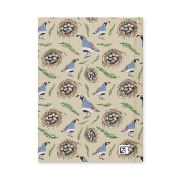 hardcover-journal-matte-white-8x5.75-back-69416f0503ce7.jpg Bird nest and bird pattern notebook with nesting birds and eggs illustration, perfect for nature-inspired journals.