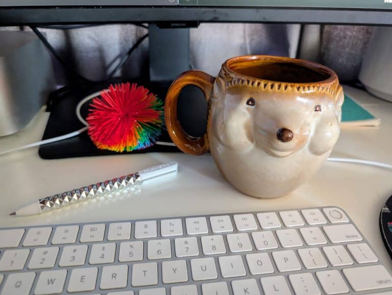 Colorful hedgehog mug on desk with keyboard and decorative spiky toy behind it.
