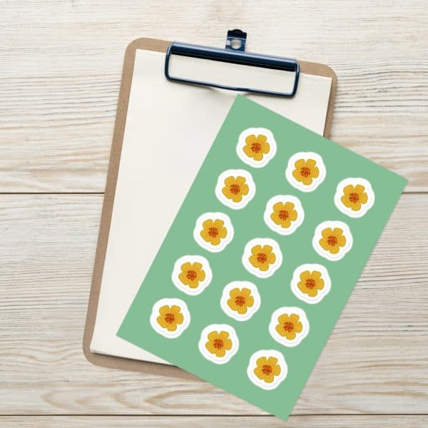 kiss-cut-sticker-sheet-white-front-6915e85c30b74.jpg Kiss-cut sticker sheet with gold Arizona poppies in a clean, focus-friendly layout by Tucson-based artist Nicole Peery