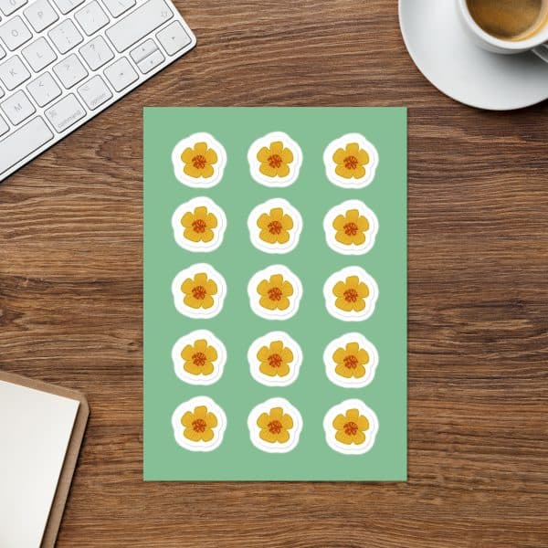 kiss-cut-sticker-sheet-white-front-6915e85c30c59.jpg Poppy sticker sheet on a tidy desk with a notebook and coffee, illustrated by Tucson-based artist Nicole Peery